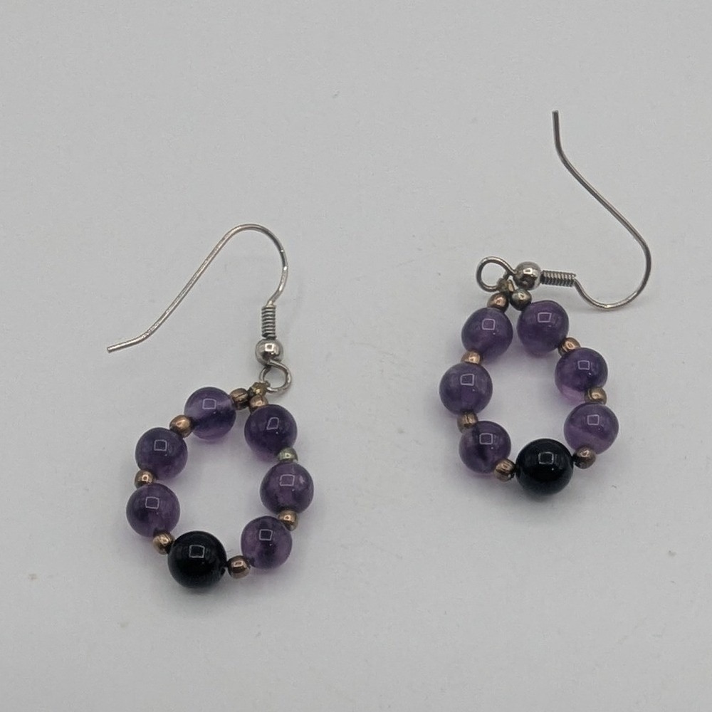 Amethyst and Black Onyx‎ Beaded Hoop Drop Earrings Purple Silver Boho Handmde